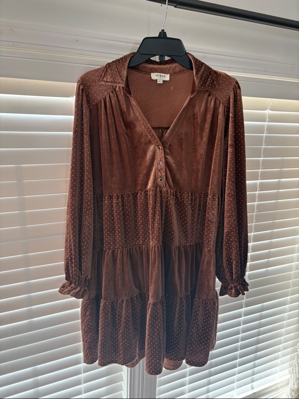 Umgee Chocolate Brown Velvet Tiered Long Sleeve Dress with Dot Detail